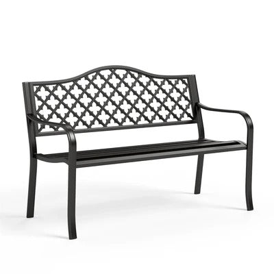 50" Heavy-Duty Metal Outdoor Garden Bench with Backrest & Armrests for Patio, Lawn, and Yard