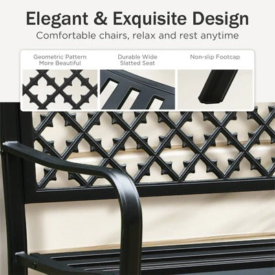 50" Heavy-Duty Metal Outdoor Garden Bench with Backrest & Armrests for Patio, Lawn, and Yard