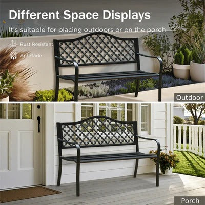 50" Heavy-Duty Metal Outdoor Garden Bench with Backrest & Armrests for Patio, Lawn, and Yard