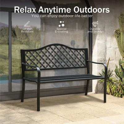 50" Heavy-Duty Metal Outdoor Garden Bench with Backrest & Armrests for Patio, Lawn, and Yard