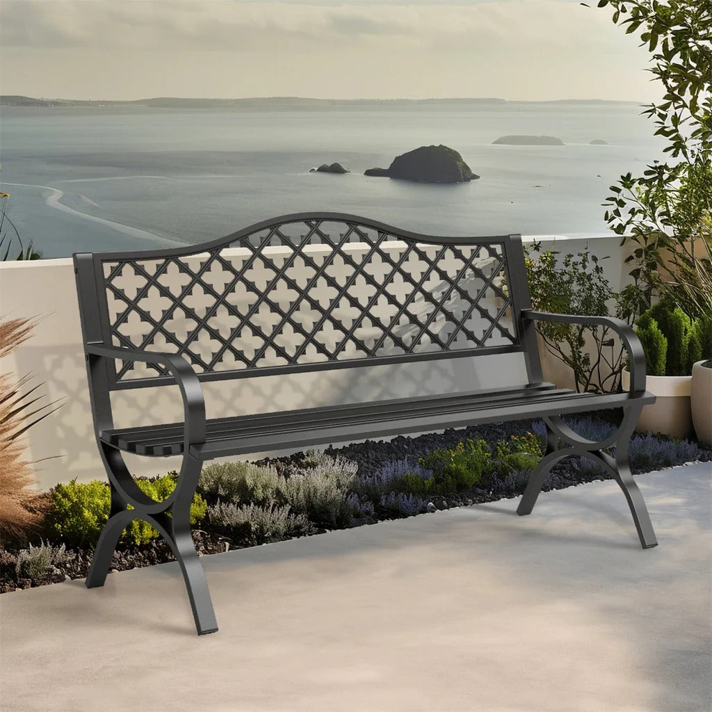 50" Heavy-Duty Metal Outdoor Garden Bench with Backrest & Armrests for Patio, Lawn, and Yard
