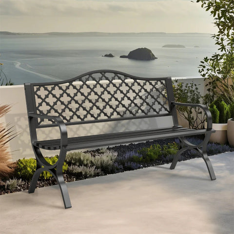 50" Heavy-Duty Metal Outdoor Garden Bench with Backrest & Armrests for Patio, Lawn, and Yard