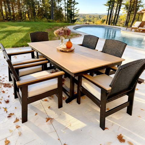7-Piece Outdoor Dining Set with HDPE Rattan Chair and Wood-grain Table