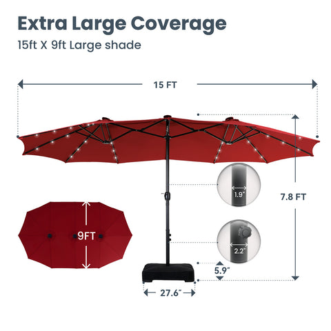 15ft Extra Large Double-Sided Patio Umbrella with Solar Powered LED Lights (Base Included)