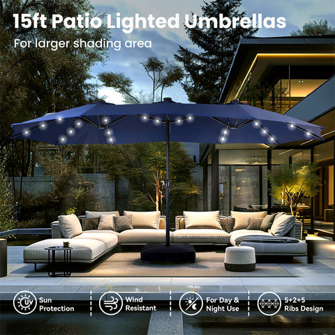 15ft Extra Large Double-Sided Patio Umbrella with Solar Powered LED Lights (Base Included)