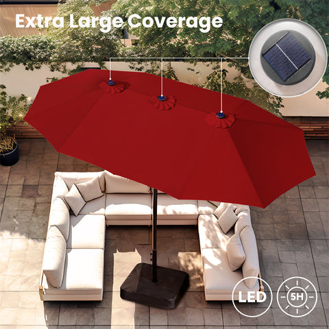 15ft Extra Large Double-Sided Patio Umbrella with Solar Powered LED Lights (Base Included)
