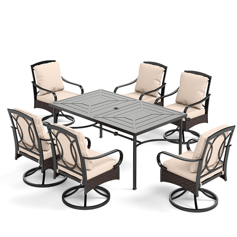 Luxurious Thick-Cushion Rattan-steel Swivel Chairs 7-Pcs Patio Dining Set