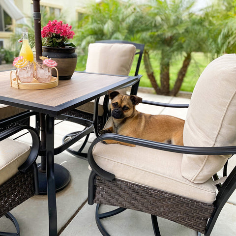 5-Piece Wood-look Table/Round Metal Table & Cushioned Rattan-steel Chairs Outdoor Dining Set