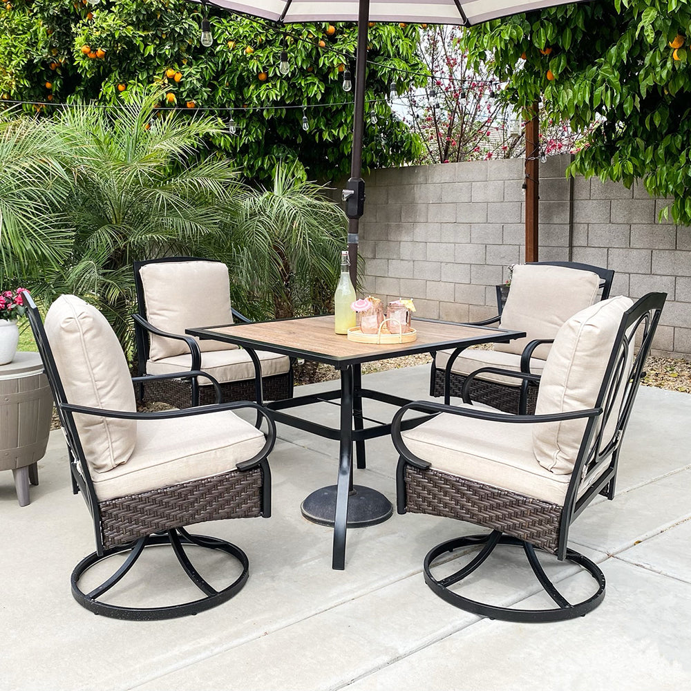 5-Piece Wood-look Table/Round Metal Table & Cushioned Rattan-steel Chairs Outdoor Dining Set