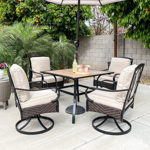 5-Piece Wood-look Table/Round Metal Table & Cushioned Rattan-steel Chairs Outdoor Dining Set