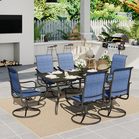8-Piece 13ft Umbrella Patio Dining Set with Denim Blue / Grey Textilene Swivel Chair