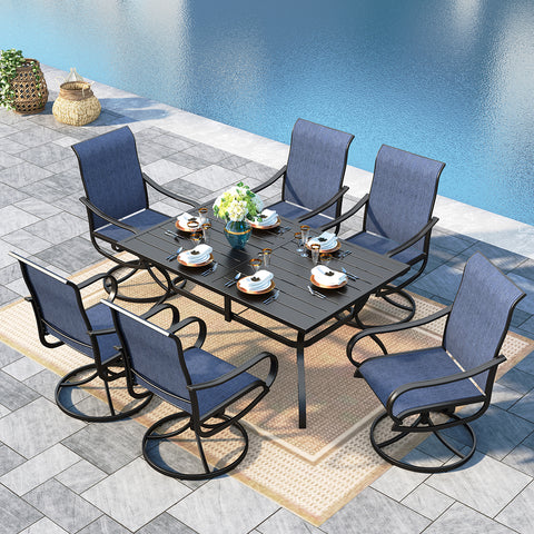 8-Piece 13ft Umbrella Patio Dining Set with Denim Blue / Grey Textilene Swivel Chair