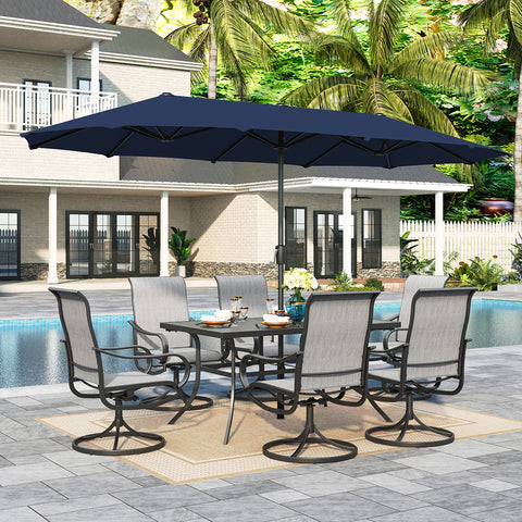 8-Piece 13ft Umbrella Patio Dining Set with Denim Blue / Grey Textilene Swivel Chair
