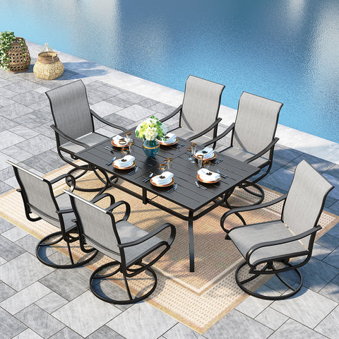 8-Piece 13ft Umbrella Patio Dining Set with Denim Blue / Grey Textilene Swivel Chair