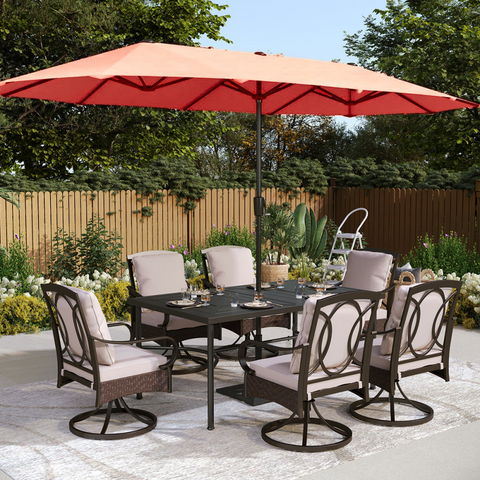 Luxurious Thick-Cushion Rattan-steel Swivel Chairs 7-Pcs Patio Dining Set