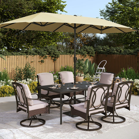 Luxurious Thick-Cushion Rattan-steel Swivel Chairs 7-Pcs Patio Dining Set