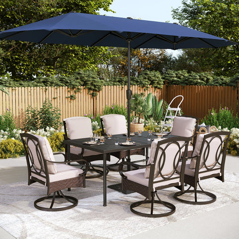 Luxurious Thick-Cushion Rattan-steel Swivel Chairs 7-Pcs Patio Dining Set