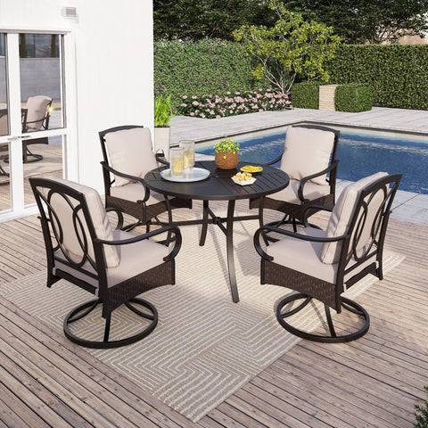 5-Piece Wood-look Table/Round Metal Table & Cushioned Rattan-steel Chairs Outdoor Dining Set