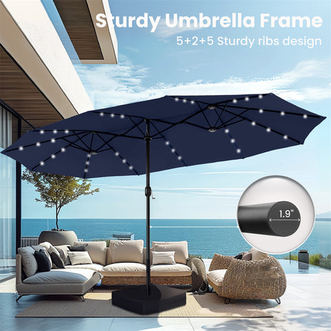 15ft Extra Large Double-Sided Patio Umbrella with Solar Powered LED Lights (Base Included)