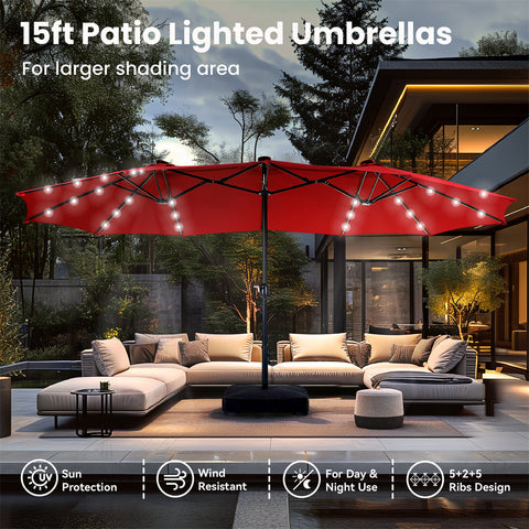 15ft Extra Large Double-Sided Patio Umbrella with Solar Powered LED Lights (Base Included)