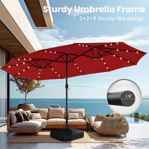 15ft Extra Large Double-Sided Patio Umbrella with Solar Powered LED Lights (Base Included)