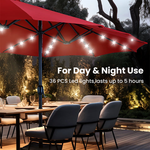 15ft Extra Large Double-Sided Patio Umbrella with Solar Powered LED Lights (Base Included)