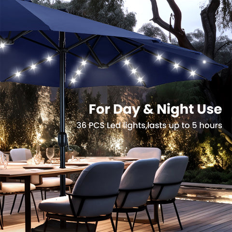 15ft Extra Large Double-Sided Patio Umbrella with Solar Powered LED Lights (Base Included)