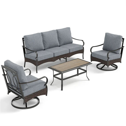5-Seat Thick Cushion Steel-Rattan Patio Conversation Sofa Set with Coffee Table