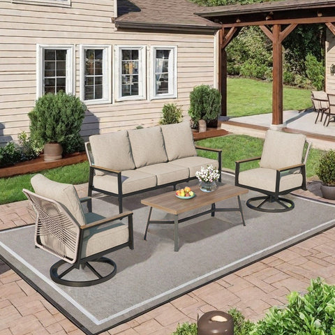 5-Seat Outdoor Patio Sofa Set With Iron-Woven Rattan Backrest and Coffee Table