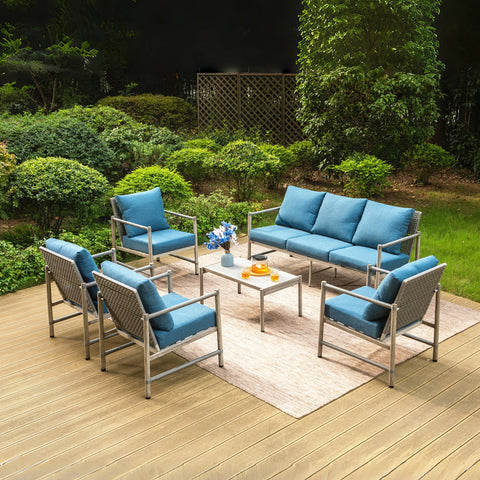 5/7-Seat Outdoor Steel and Rattan Sofa with Wood Grain Coffee Table