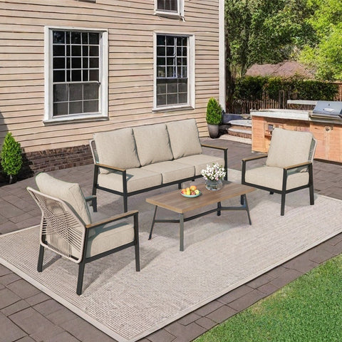 5-Seat Outdoor Patio Sofa Set With Iron-Woven Rattan Backrest and Coffee Table
