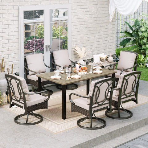 7-Piece Teak-grain Table & Rattan-steel Cushion Swivel Chairs Patio Dining Sets