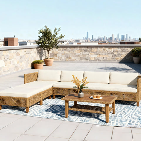 Boho Style Outdoor Wicker Conversation Sofa set with Acacia Wood Coffee Table