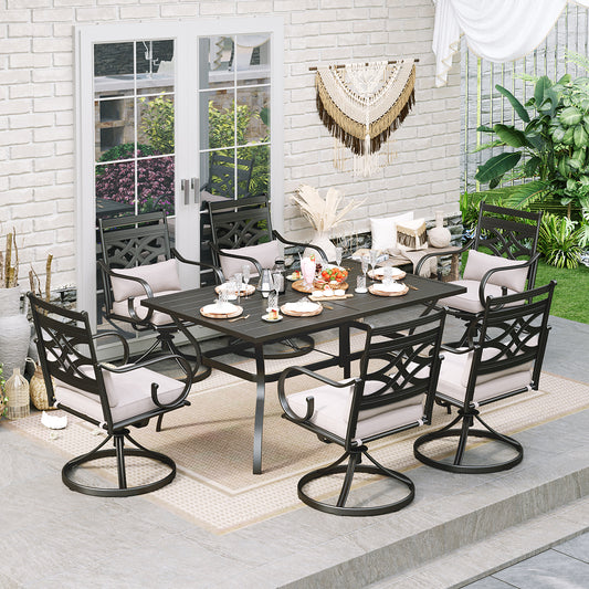 8-Piece 13ft Umbrella Patio Dining Set with Elegant Cast Iron Pattern Swivel Chairs