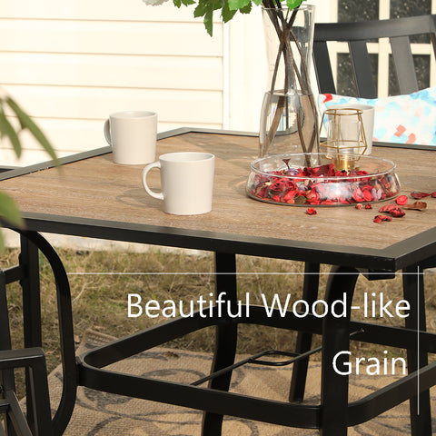 5-Piece Wood-look Table/Round Metal Table & Cushioned Rattan-steel Chairs Outdoor Dining Set