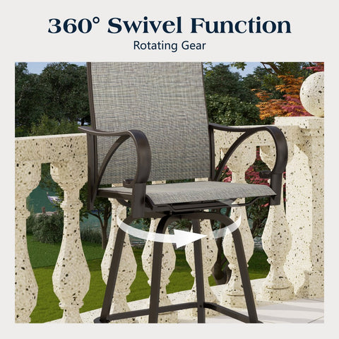 3-Piece Outdoor Bar Set-Sea Stone Table & Gray/Aqua Textilene Swivel Stools