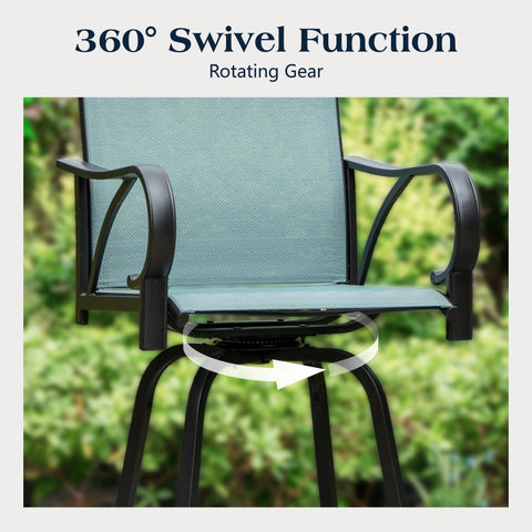 3-Piece Outdoor Bar Set-Sea Stone Table & Gray/Aqua Textilene Swivel Stools