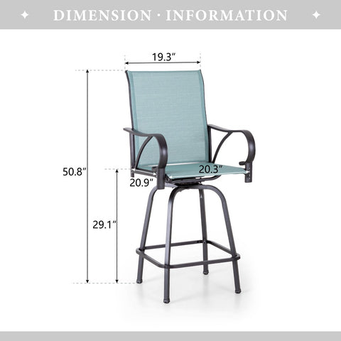 3-Piece Outdoor Bar Set-Sea Stone Table & Gray/Aqua Textilene Swivel Stools