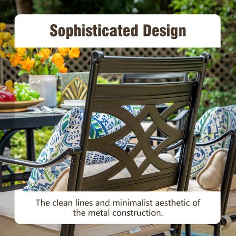 8-Piece 13ft Umbrella Patio Dining Set with Elegant Cast Iron Pattern Swivel Chairs