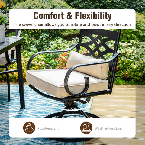 8-Piece 13ft Umbrella Patio Dining Set with Elegant Cast Iron Pattern Swivel Chairs