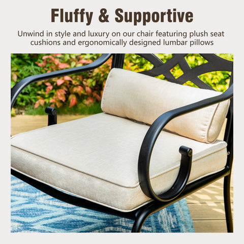 8-Piece 13ft Umbrella Patio Dining Set with Elegant Cast Iron Pattern Swivel Chairs
