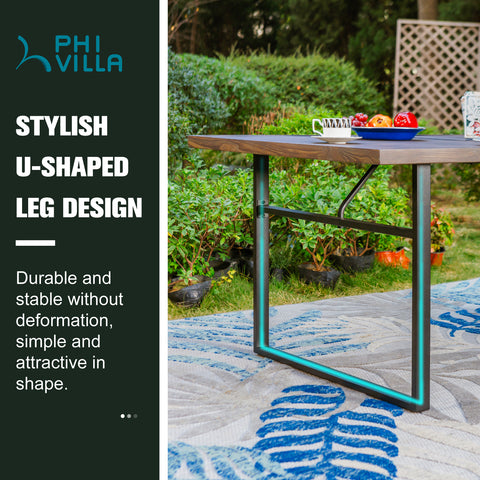 7-Piece Patio Dining Sets Wood-grain Pattern U-shaped-leg Table & Textilene Swivel Chairs