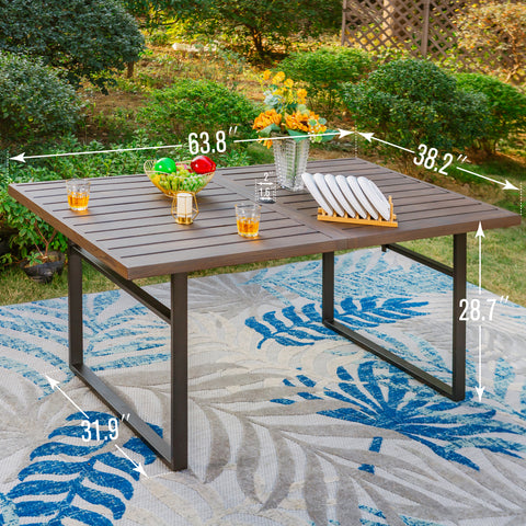 7-Piece Patio Dining Sets Wood-grain Pattern U-shaped-leg Table & Textilene Swivel Chairs