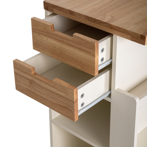 PHI VILLA Rubber Wood Tabletop Kitchen Island Cart with Side Drawers and Shelves, Warm White