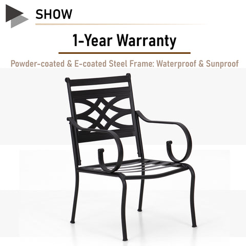7-Piece Outdoor Dining Set Steel Panel Table & Elegant Cast Iron Pattern Dining Chairs