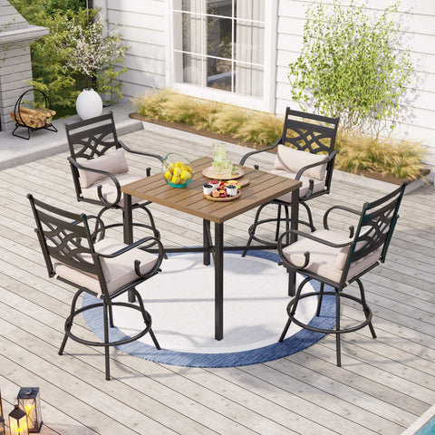 5-Piece Patio Bar Stool Set Teak-grain High Table & Steel Bar Stools with Cast-iron Back