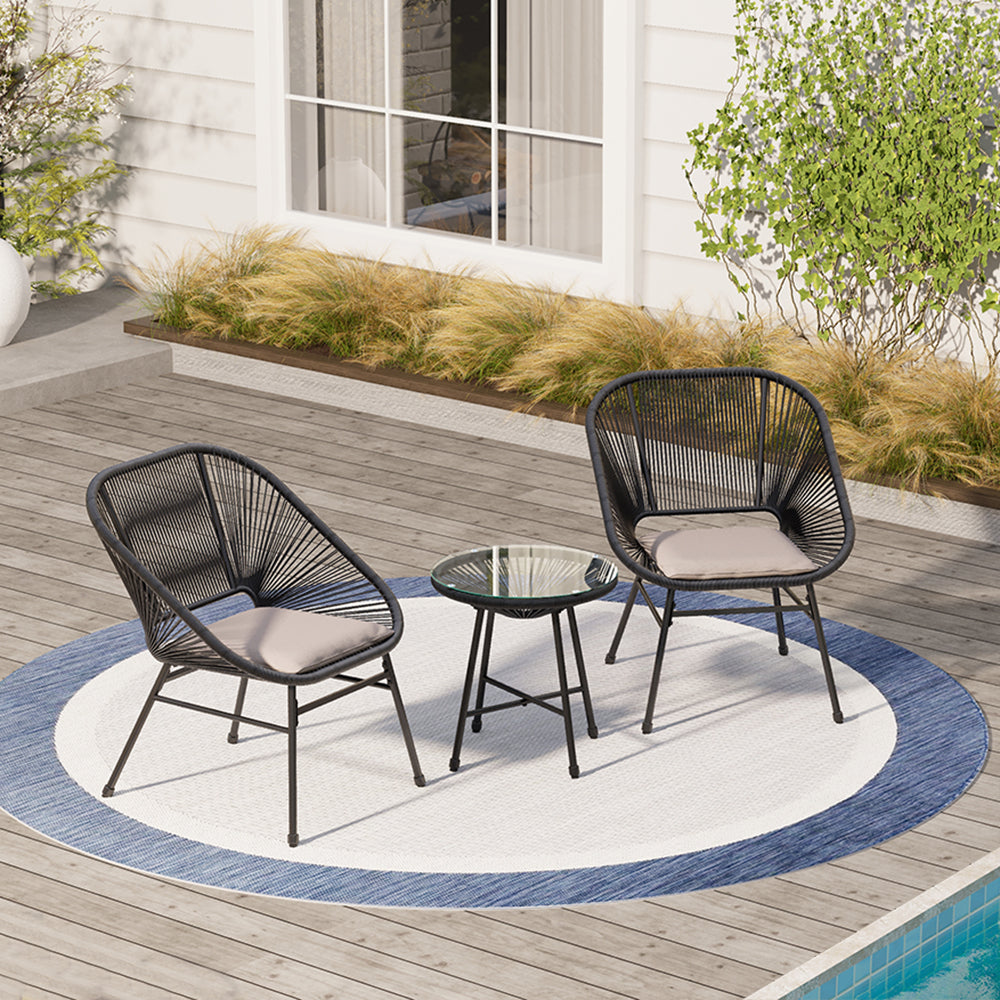 3-Piece Patio Conversation Set Rope Woven Chairs with Seat Pads & Tempered Glass Table