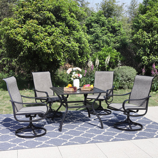 5-Piece Steel Square Table & Textilene Swivel Chairs Outdoor Patio Dining Set