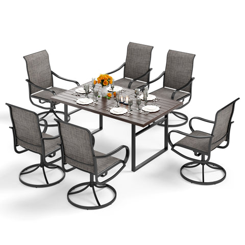 7-Piece Patio Dining Sets Wood-grain Pattern U-shaped-leg Table & Textilene Swivel Chairs
