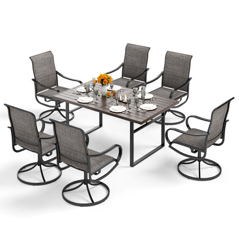 7-Piece Patio Dining Sets Wood-grain Pattern U-shaped-leg Table & Textilene Swivel Chairs